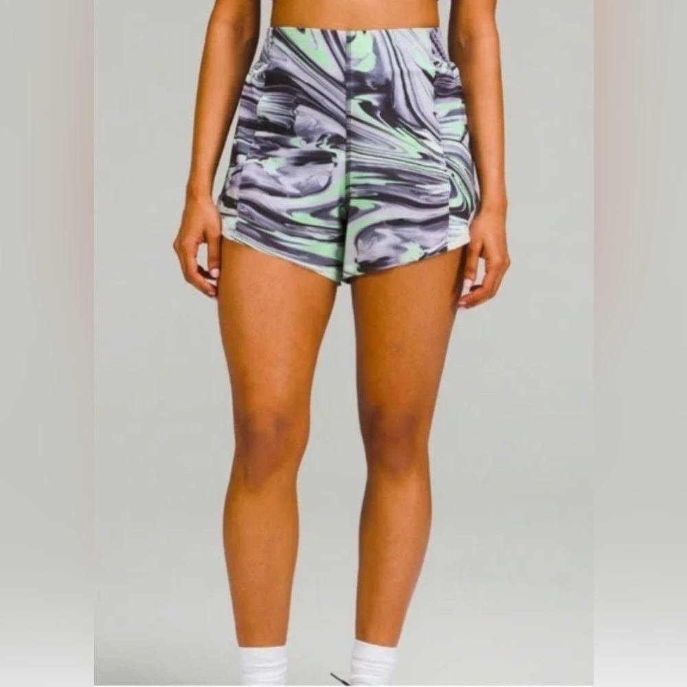 Women's Athletic Shorts with Green and Black Swirl Pattern
